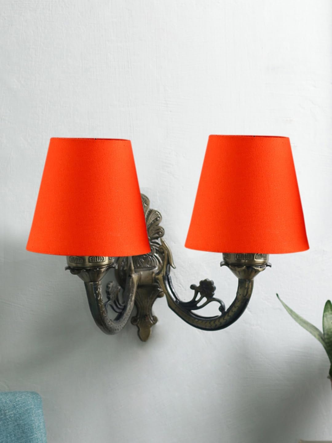 Dual Antique Gold Wall Lamp for Office/Home/Gifting with Cotton Orange Shade(8x12.25x9) Inches -154