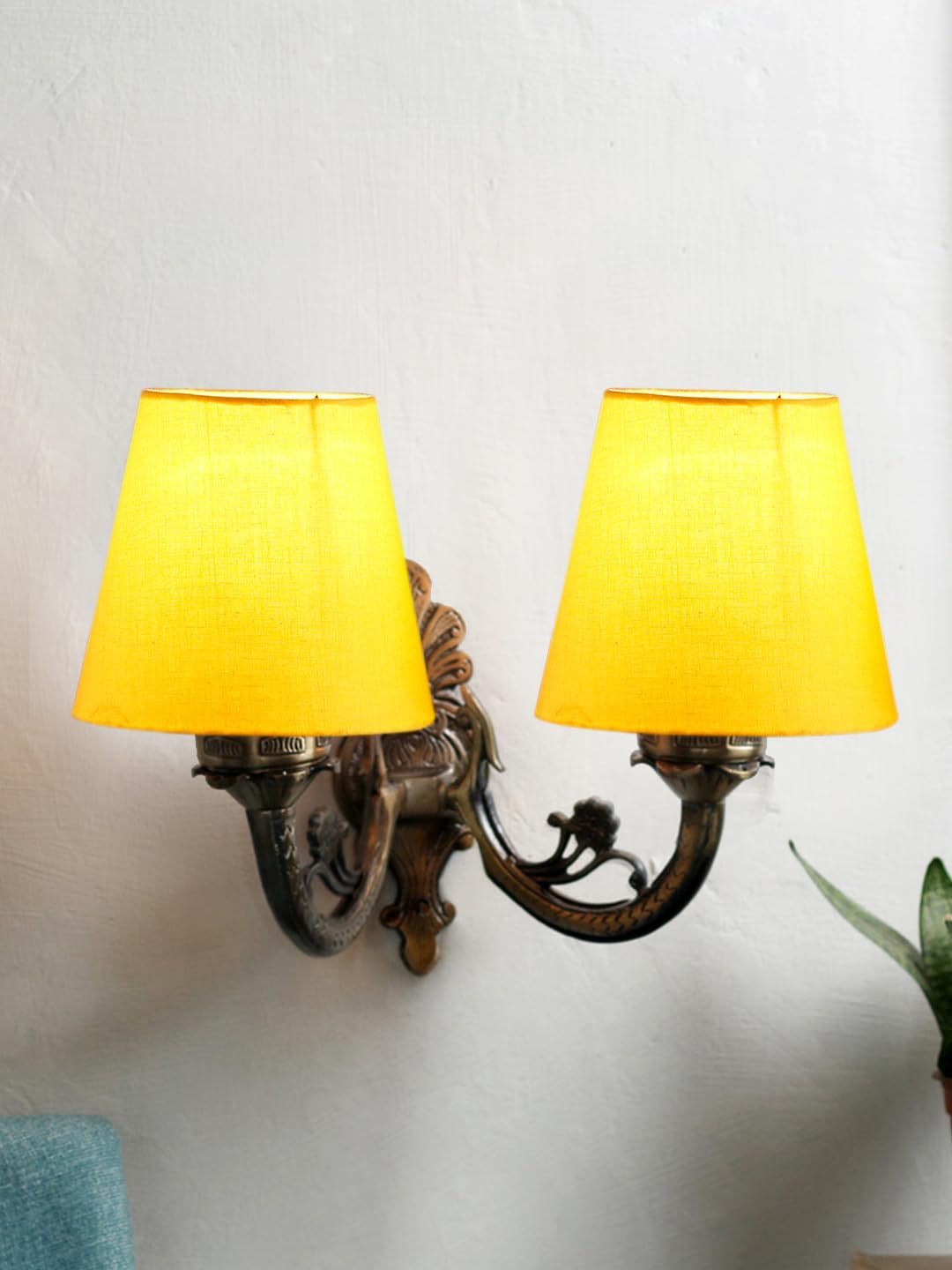 Dual Antique Gold Wall Lamp for Office/Home/Gifting with Cotton Yellow Shade(8x12.25x9) Inches -155