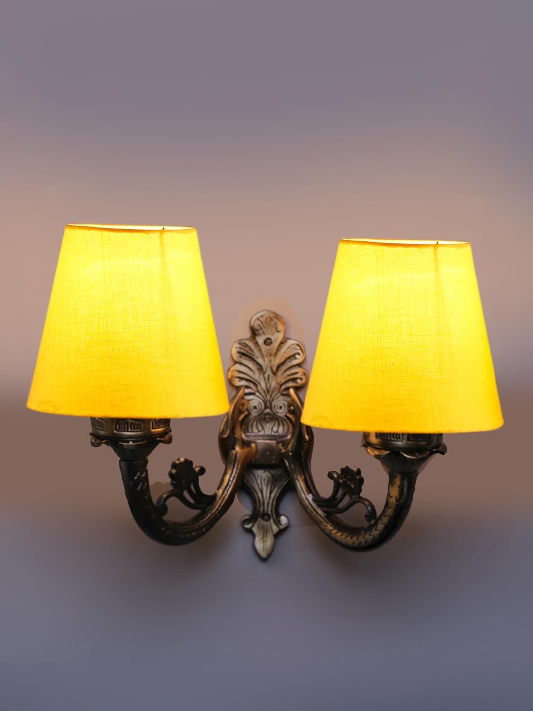 Dual Antique Gold Wall Lamp for Office/Home/Gifting with Cotton Yellow Shade(8x12.25x9) Inches -155