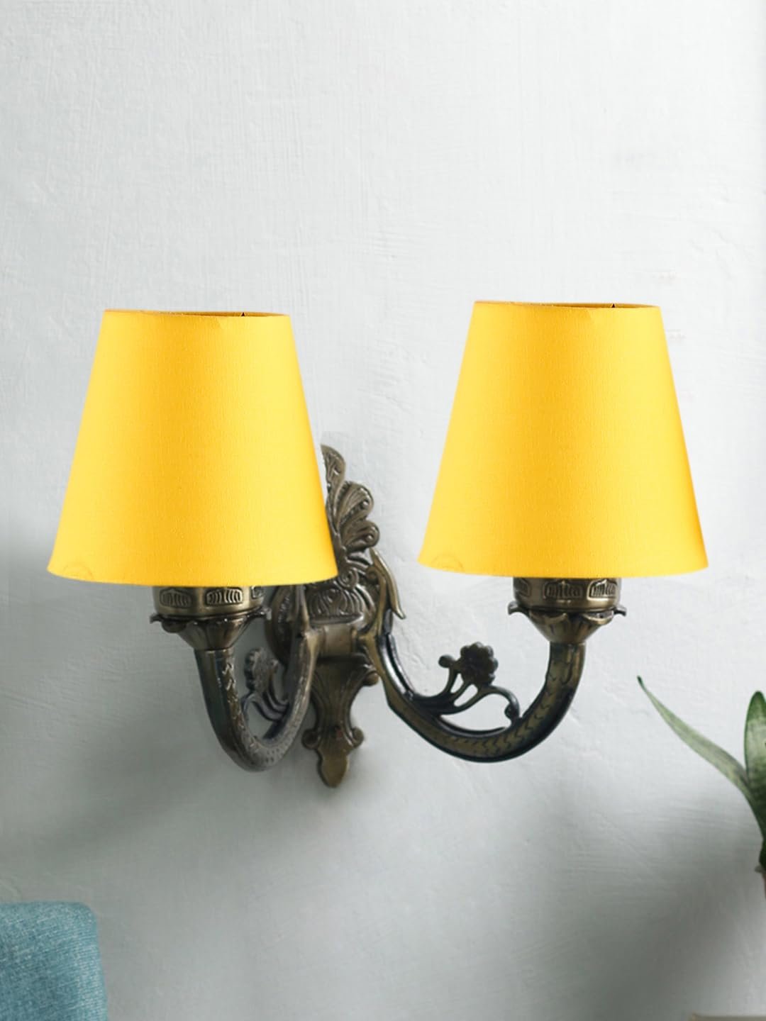 Dual Antique Gold Wall Lamp for Office/Home/Gifting with Cotton Yellow Shade(8x12.25x9) Inches -155