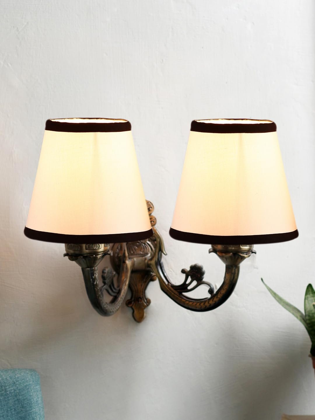 Dual Antique Gold Wall Lamp for Office/Home/Gifting with Cotton White & Black Shade(8x12.25x9) Inches -157