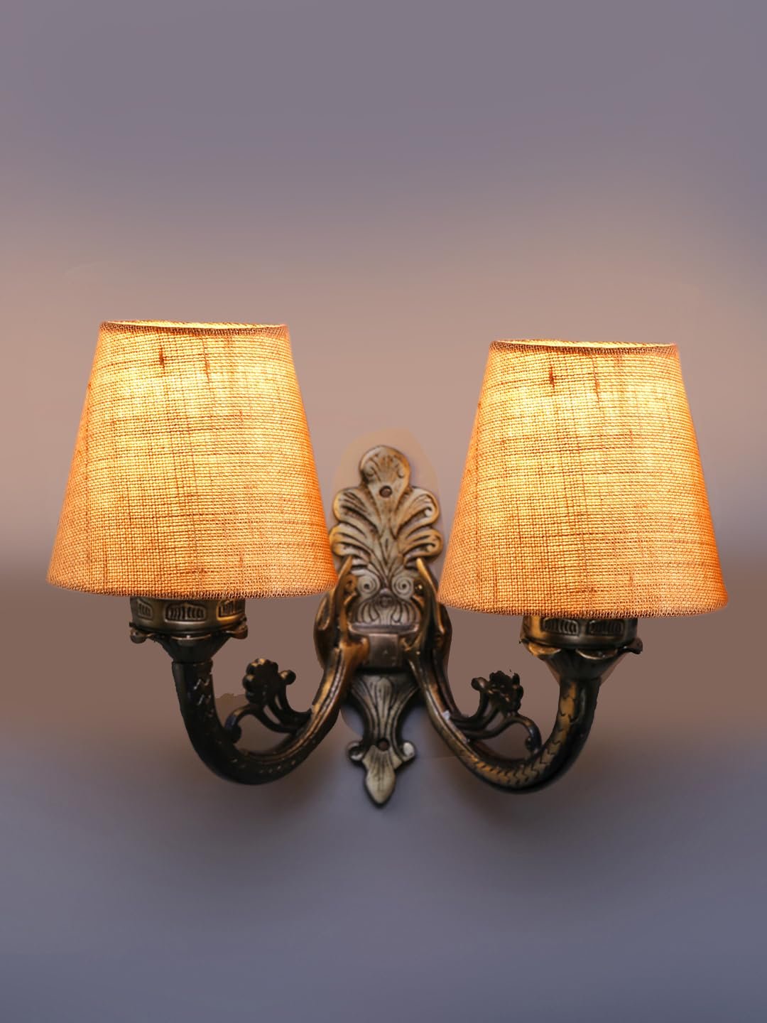 Dual Antique Gold Wall Lamp for Office/Home/Gifting with Jute Beige Shade(8x12.25x9) Inches -158