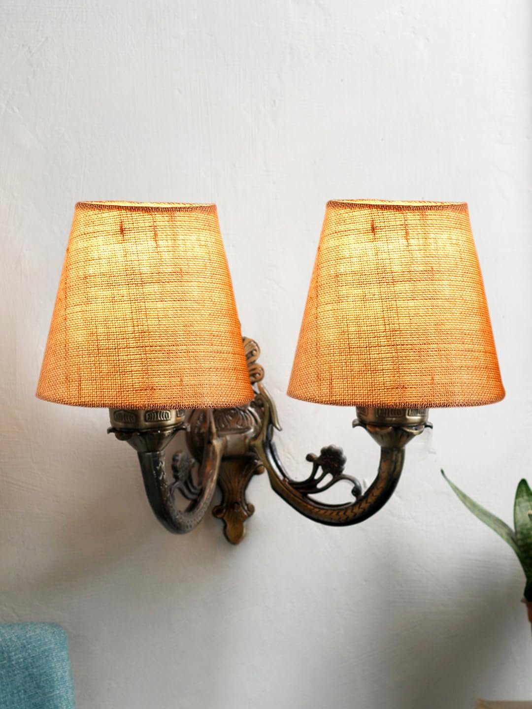Dual Antique Gold Wall Lamp for Office/Home/Gifting with Jute Beige Shade(8x12.25x9) Inches -158