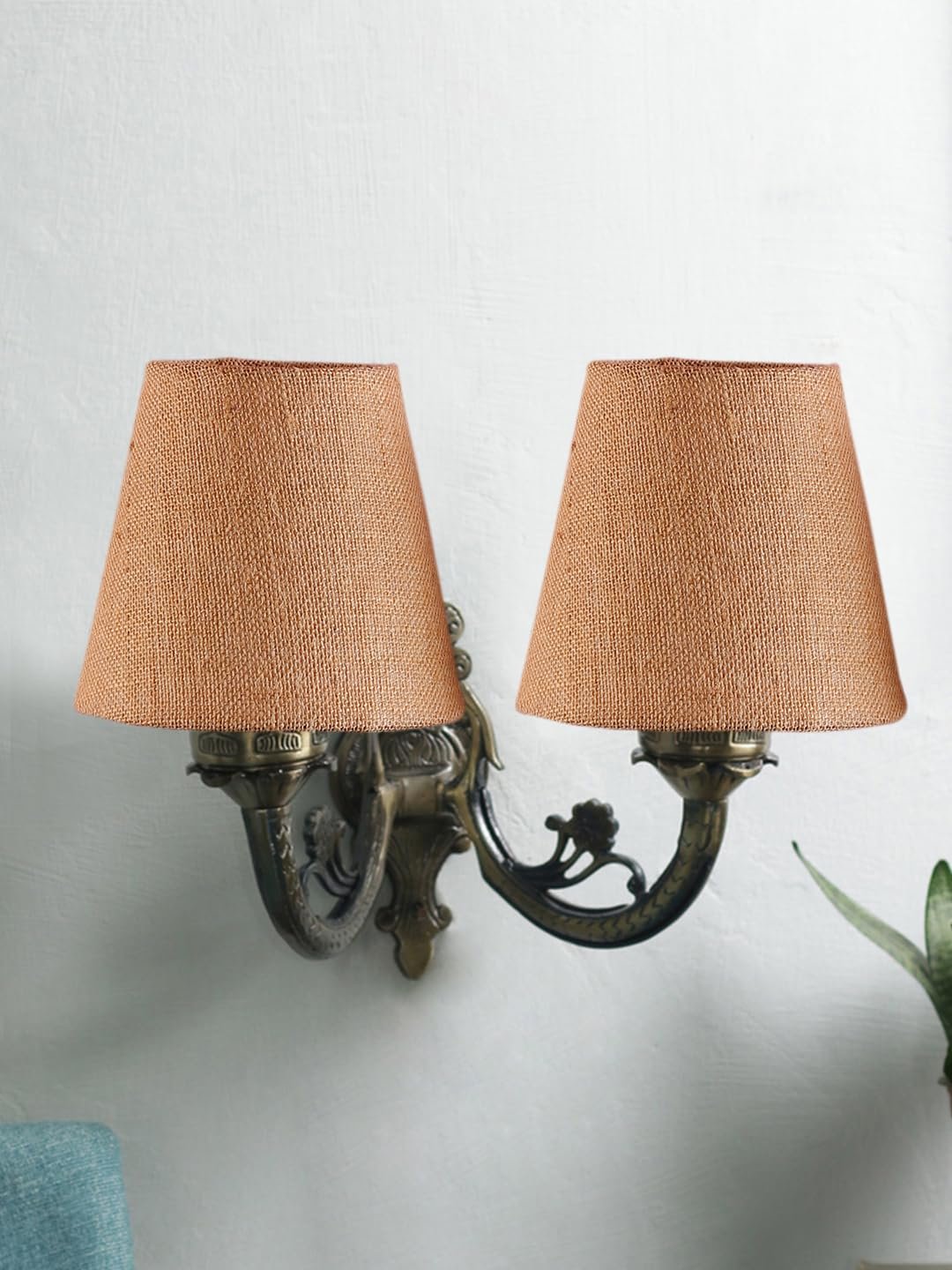 Dual Antique Gold Wall Lamp for Office/Home/Gifting with Jute Beige Shade(8x12.25x9) Inches -158