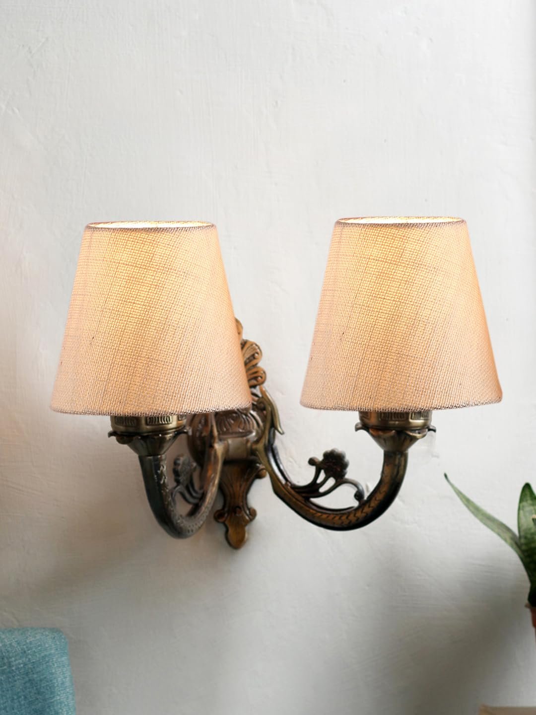 Dual Antique Gold Wall Lamp for Office/Home/Gifting with Jute White Shade(8x12.25x9) Inches -159