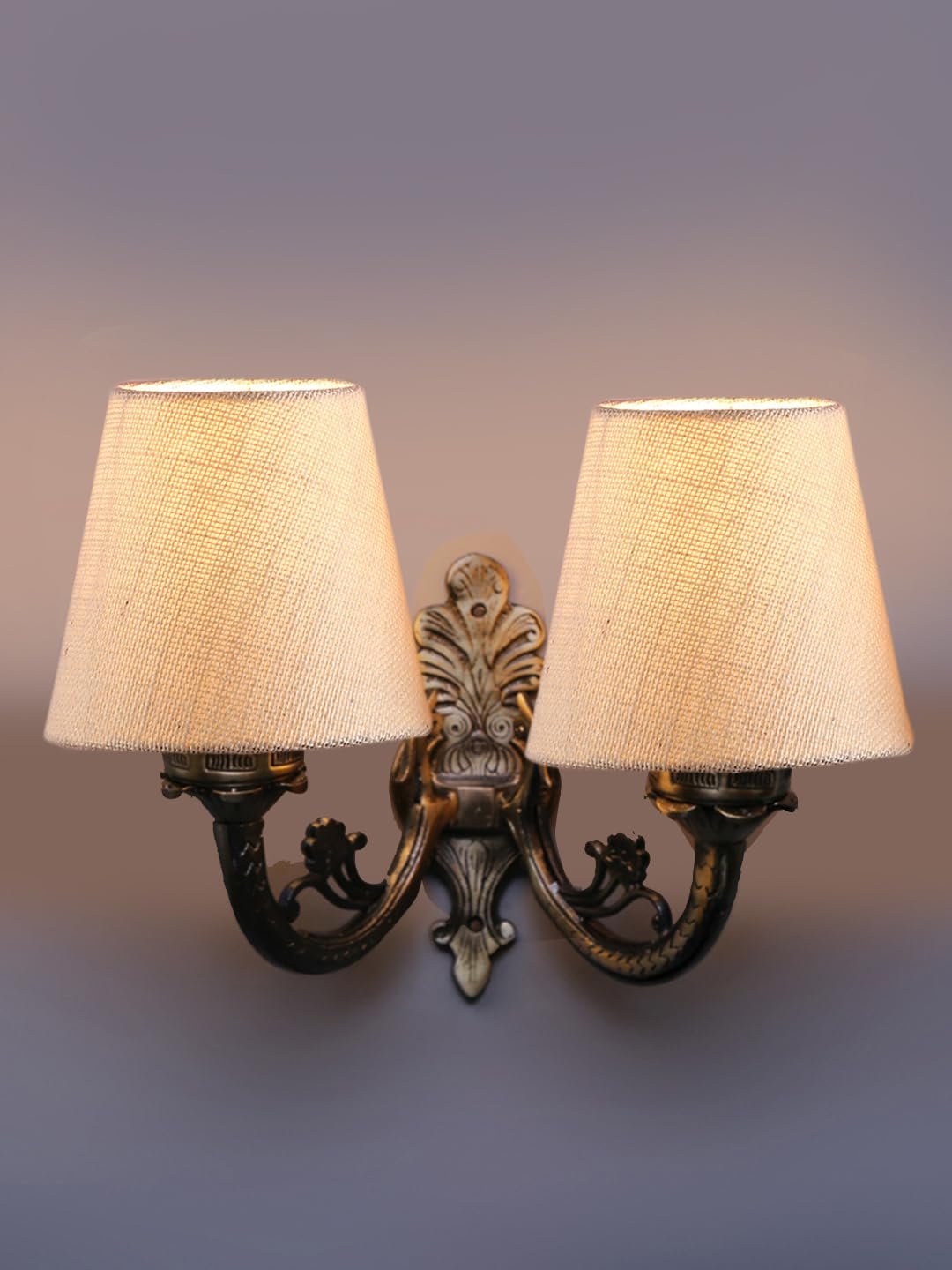 Dual Antique Gold Wall Lamp for Office/Home/Gifting with Jute White Shade(8x12.25x9) Inches -159