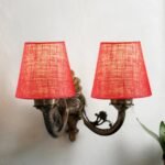 Dual Antique Gold Wall Lamp for Office/Home/Gifting with Jute Pink Shade(8×12.25×9) Inches -160