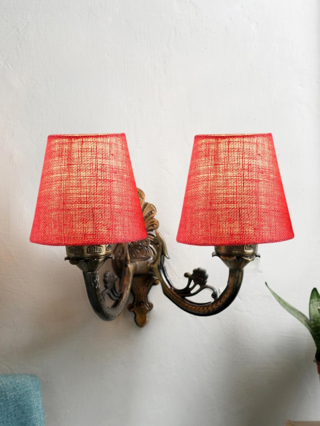 Dual Antique Gold Wall Lamp for Office/Home/Gifting with Jute Pink Shade(8x12.25x9) Inches -160