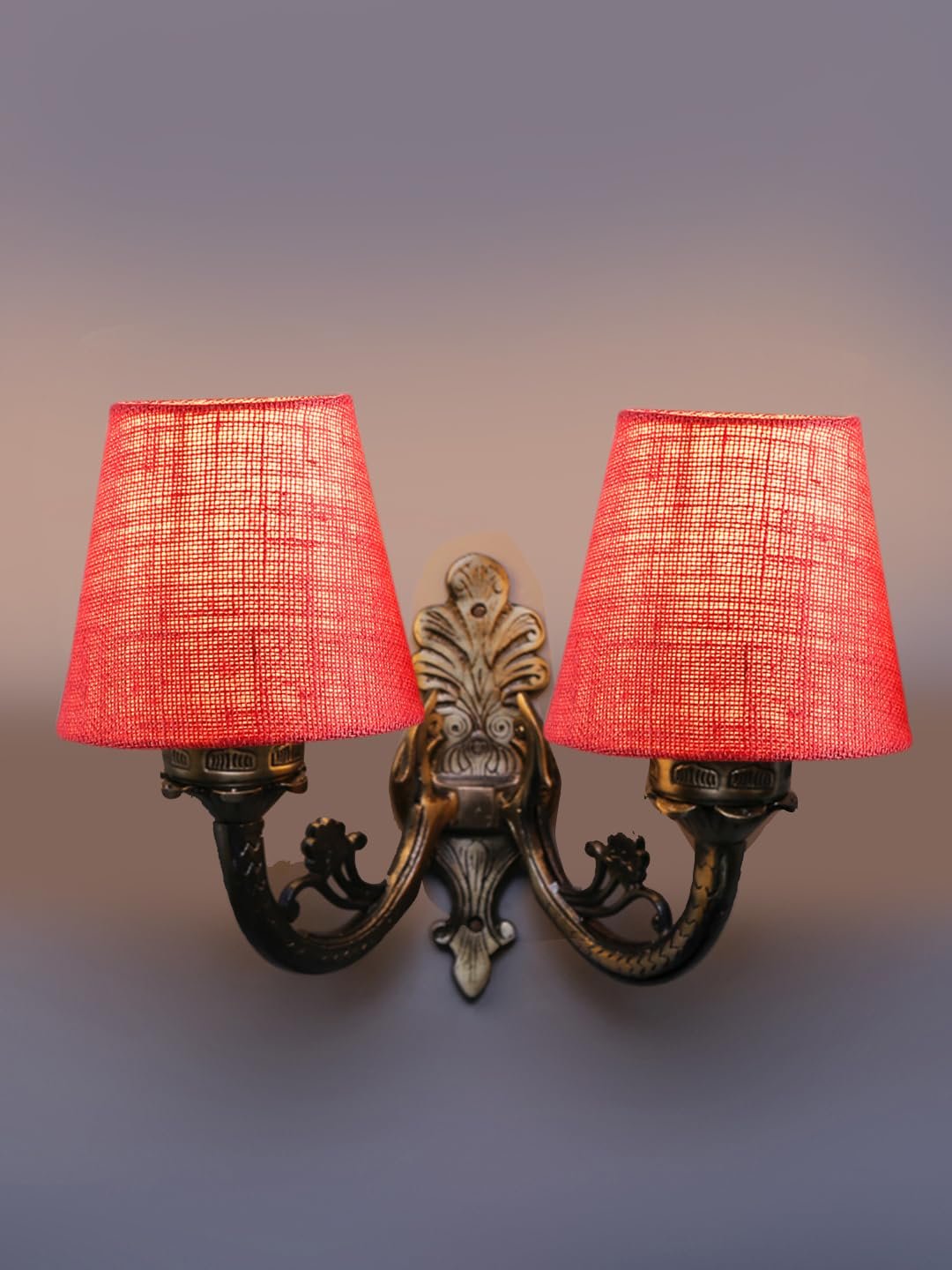 Dual Antique Gold Wall Lamp for Office/Home/Gifting with Jute Pink Shade(8x12.25x9) Inches -160