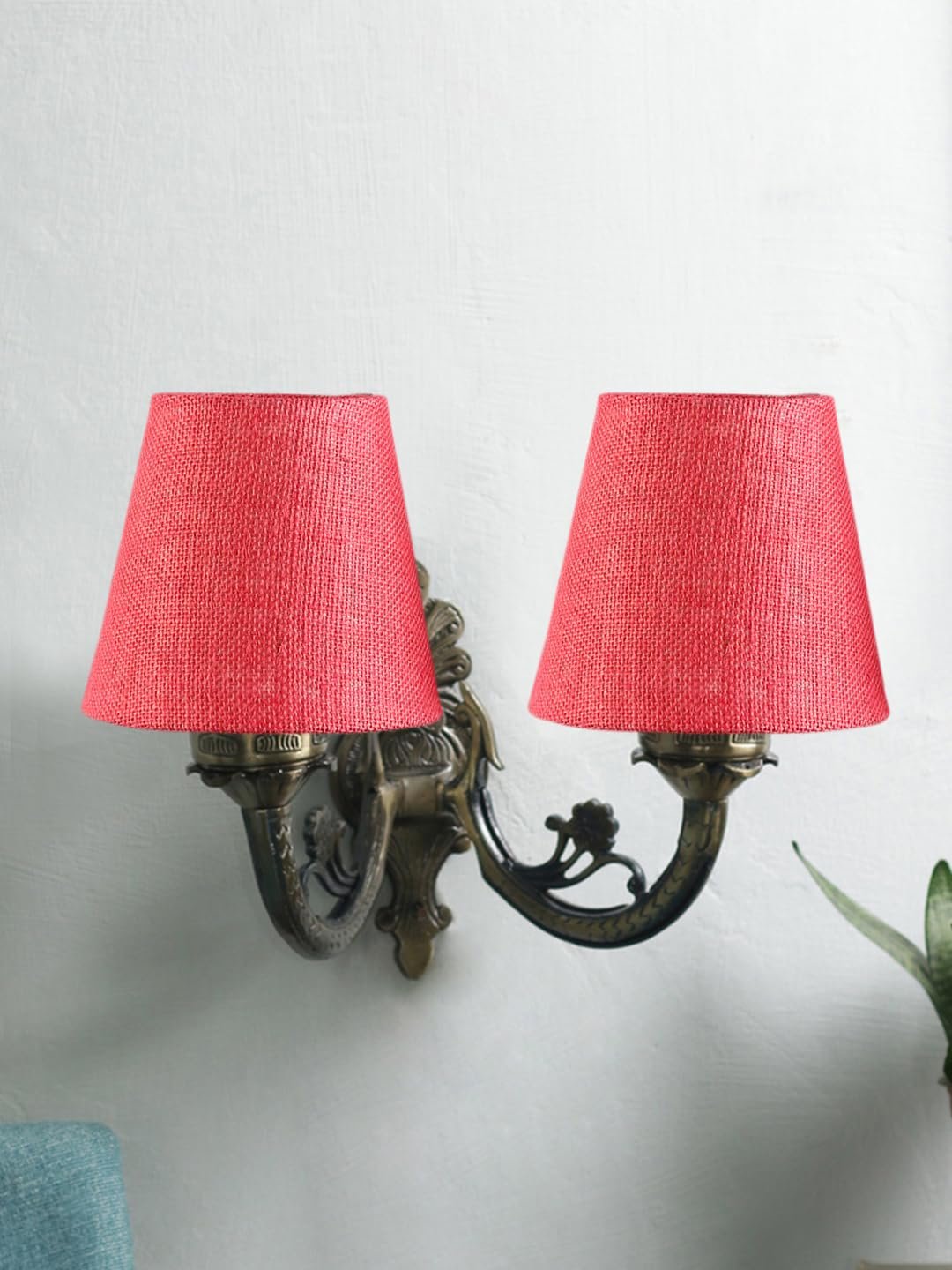 Dual Antique Gold Wall Lamp for Office/Home/Gifting with Jute Pink Shade(8x12.25x9) Inches -160