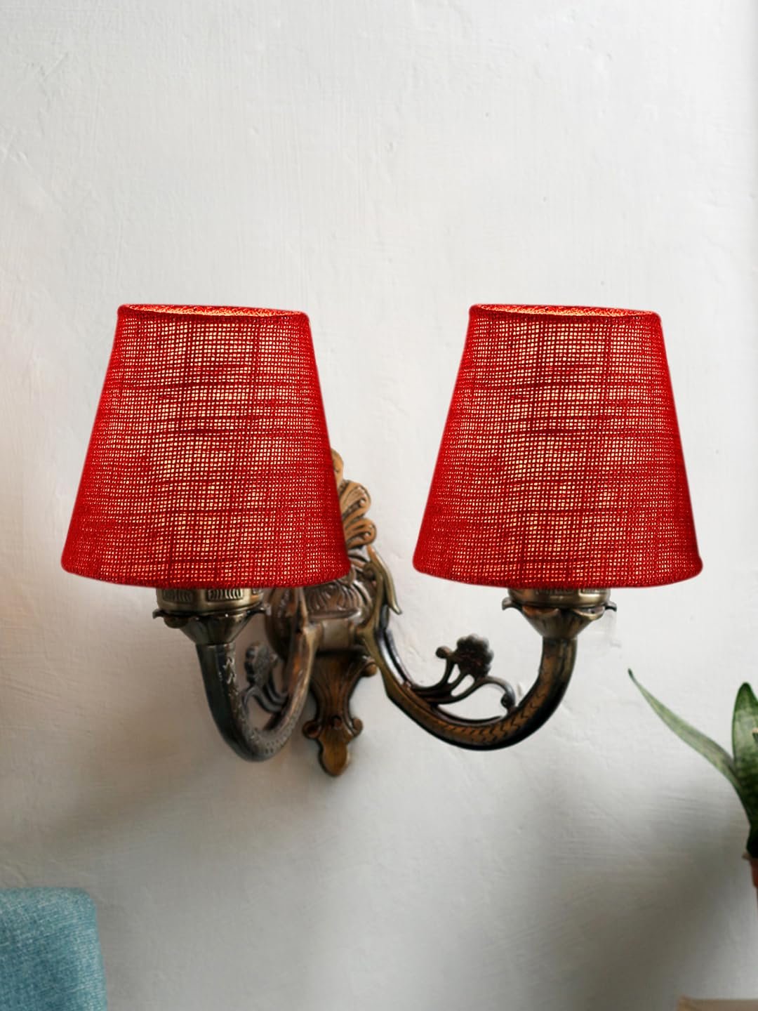 Dual Antique Gold Wall Lamp for Office/Home/Gifting with Jute Maroon Shade(8x12.25x9) Inches -161
