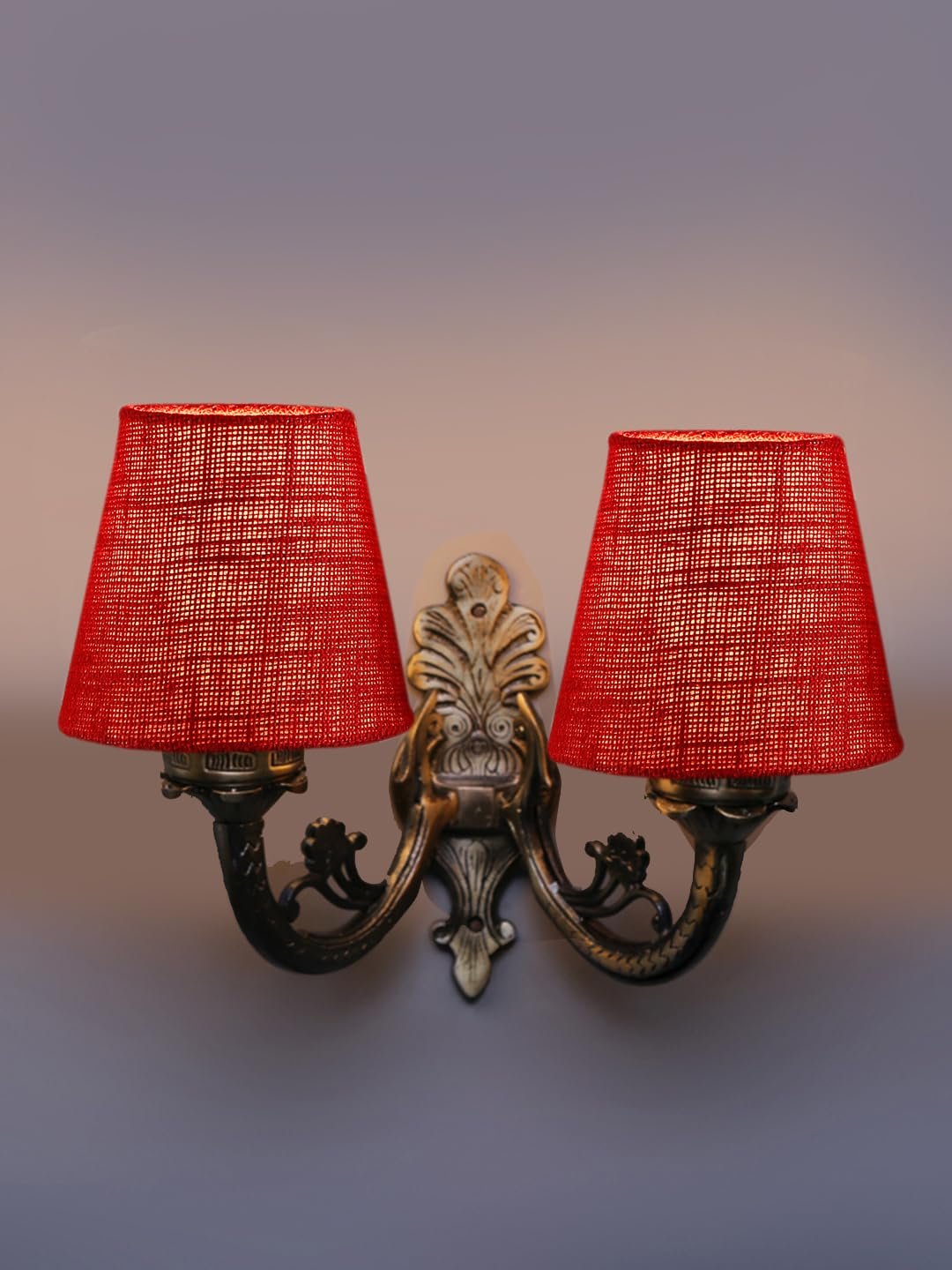 Dual Antique Gold Wall Lamp for Office/Home/Gifting with Jute Maroon Shade(8x12.25x9) Inches -161
