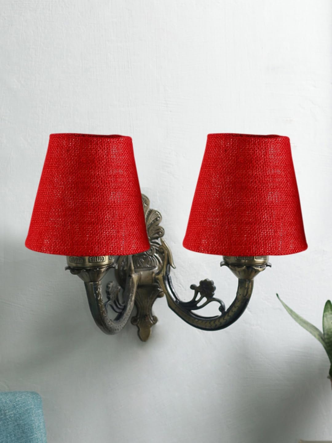 Dual Antique Gold Wall Lamp for Office/Home/Gifting with Jute Maroon Shade(8x12.25x9) Inches -161