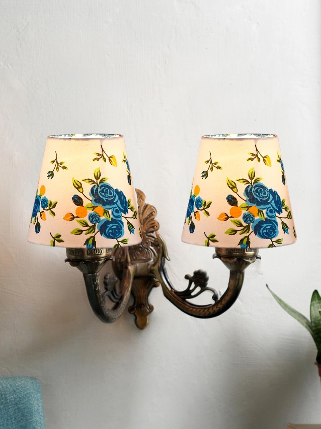 Dual Antique Gold Wall Lamp for Office/Home/Gifting with Cotton Printed Shade(8x12.25x9) Inches -163