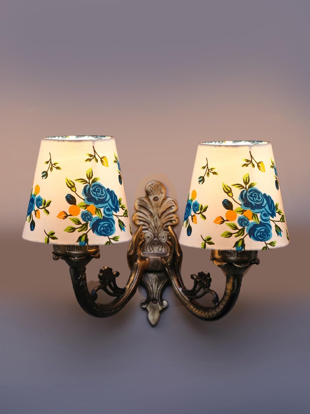 Dual Antique Gold Wall Lamp for Office/Home/Gifting with Cotton Printed Shade(8x12.25x9) Inches -163