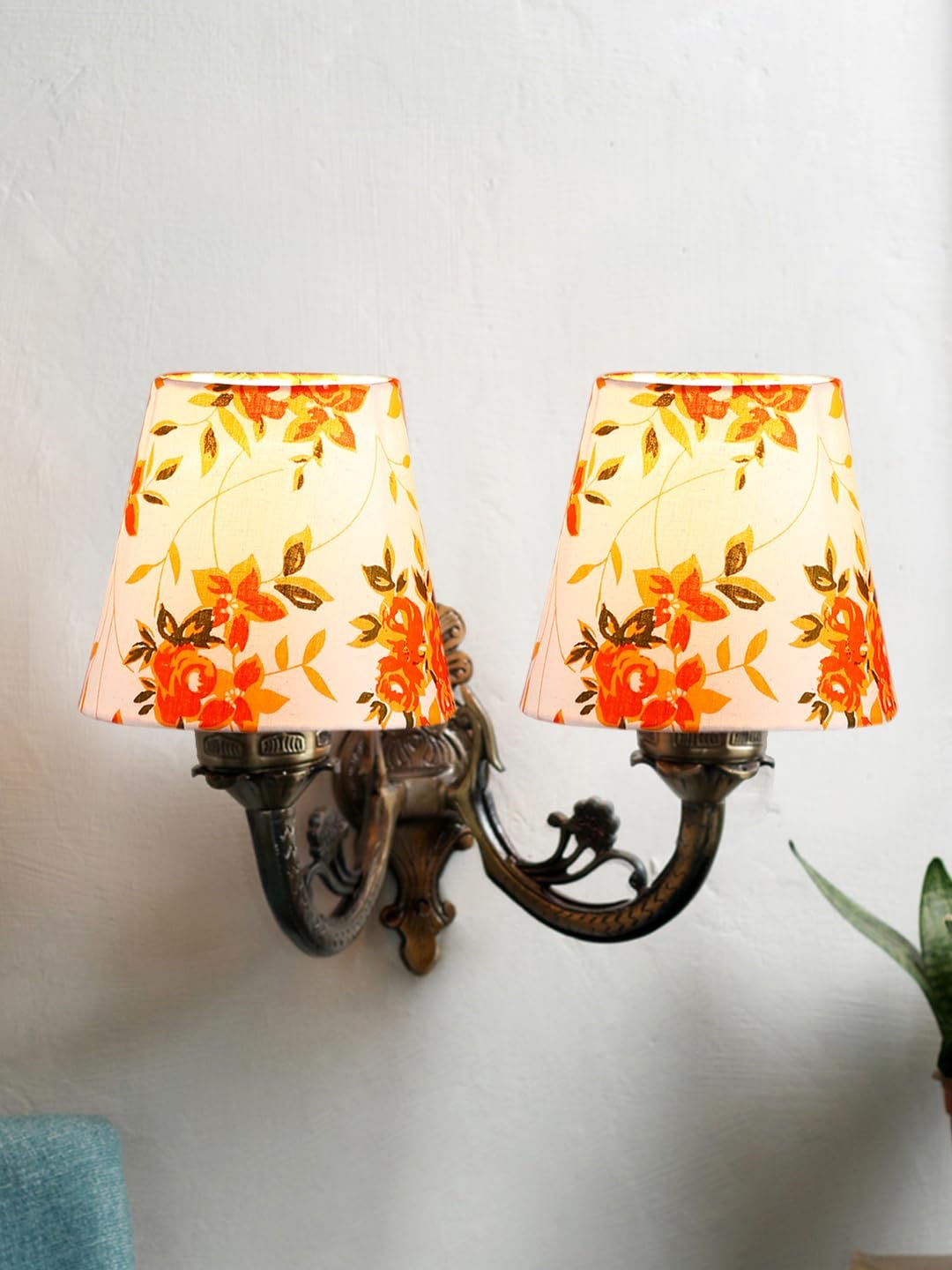 Dual Antique Gold Wall Lamp for Office/Home/Gifting with Cotton Printed Shade(8x12.25x9) Inches -164