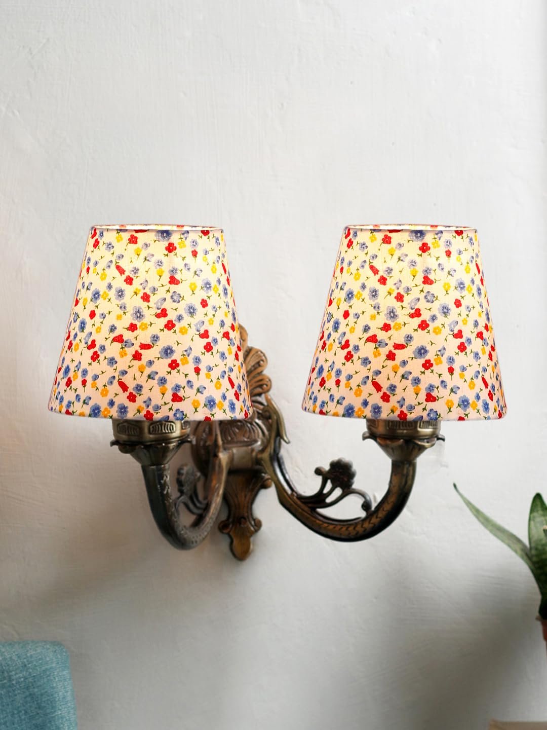 Dual Antique Gold Wall Lamp for Office/Home/Gifting with Cotton Printed Shade(8x12.25x9) Inches -165