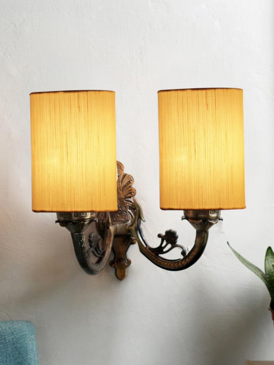 Dual Antique Gold Wall Lamp for Office/Home/Gifting with Cotton Off-White Shade(7x13x11.5) Inches -166