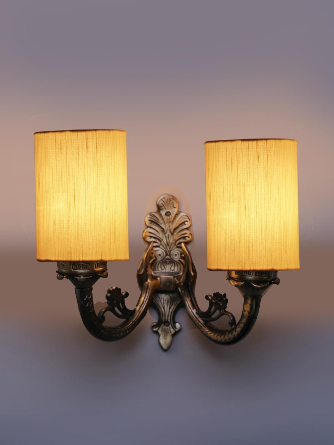 Dual Antique Gold Wall Lamp for Office/Home/Gifting with Cotton Off-White Shade(7x13x11.5) Inches -166