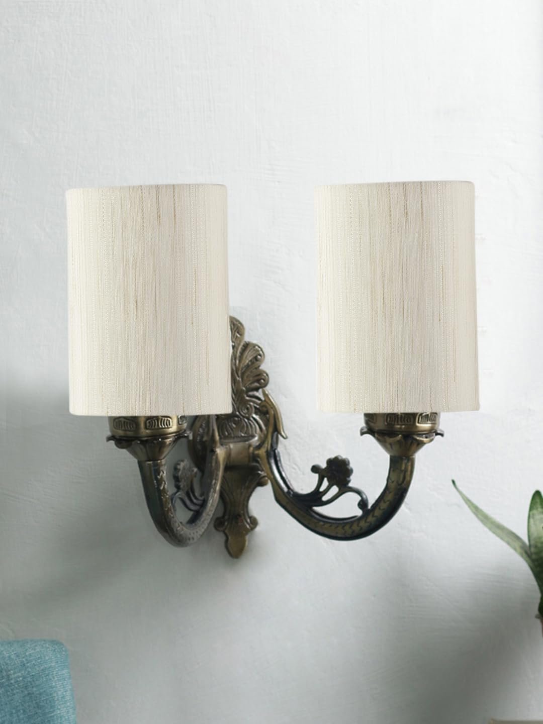 Dual Antique Gold Wall Lamp for Office/Home/Gifting with Cotton Off-White Shade(7x13x11.5) Inches -166
