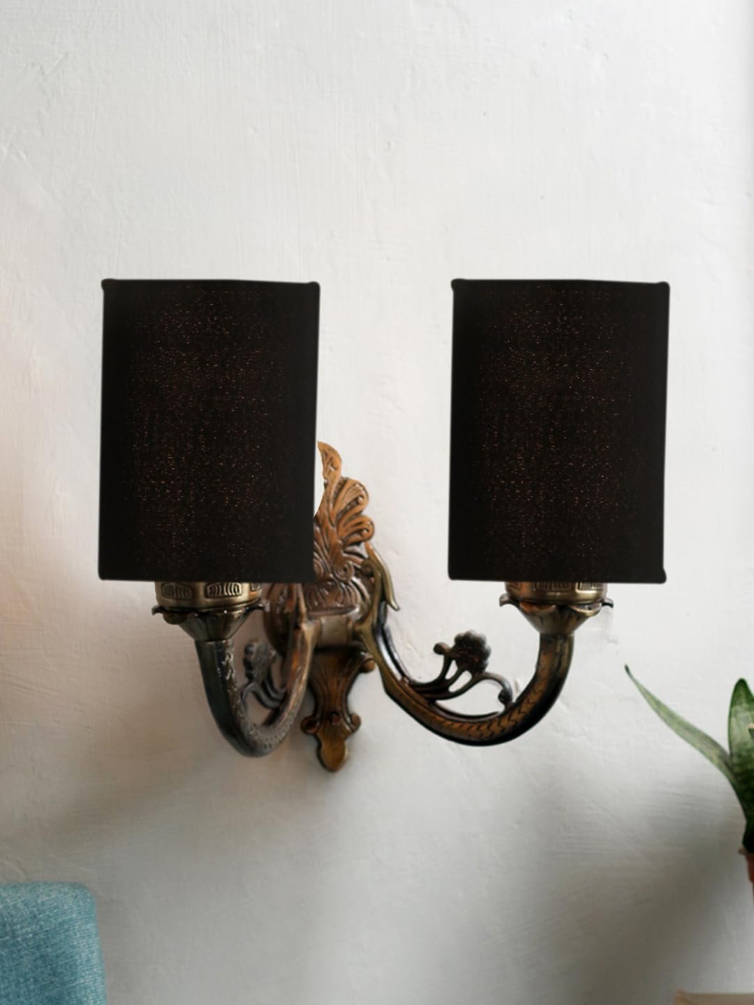 Dual Antique Gold Wall Lamp for Office/Home/Gifting with Cotton Black Shade(7x13x11.5) Inches -167