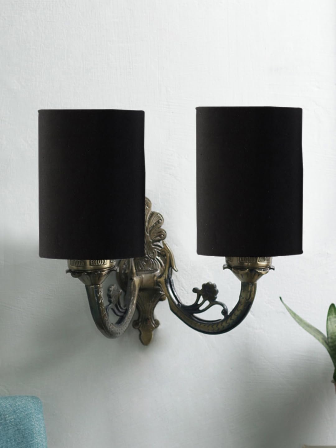 Dual Antique Gold Wall Lamp for Office/Home/Gifting with Cotton Black Shade(7x13x11.5) Inches -167