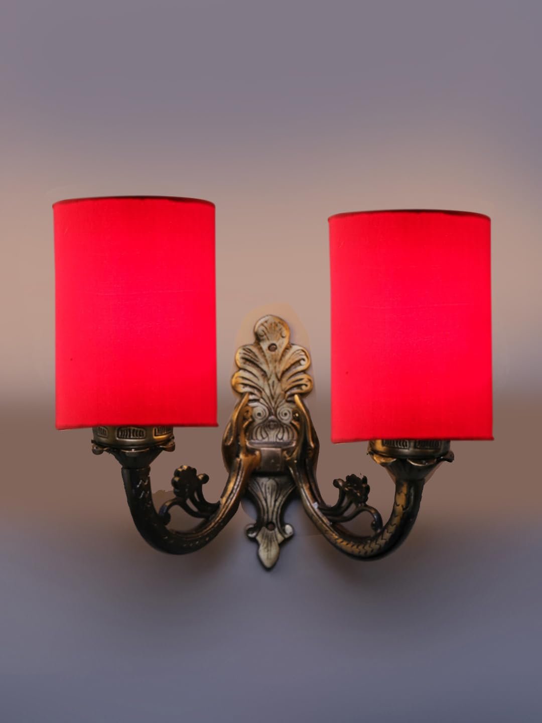 Dual Antique Gold Wall Lamp for Office/Home/Gifting with Cotton Red Shade(7x13x11.5) Inches -168