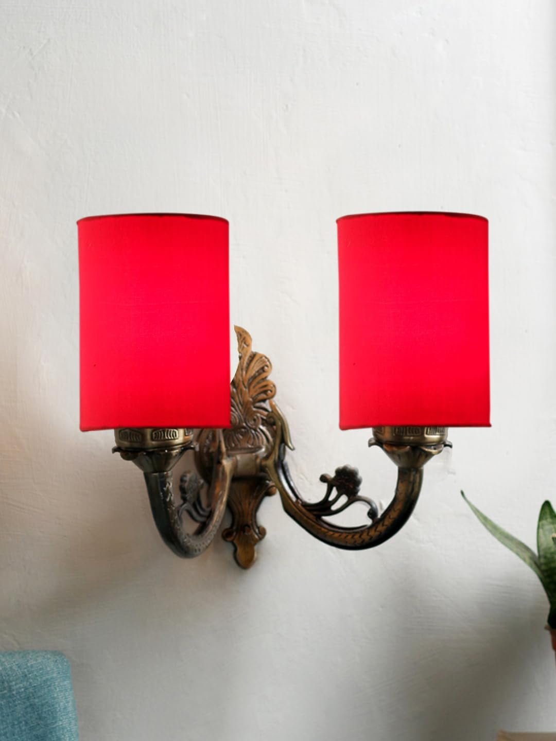 Dual Antique Gold Wall Lamp for Office/Home/Gifting with Cotton Red Shade(7x13x11.5) Inches -168