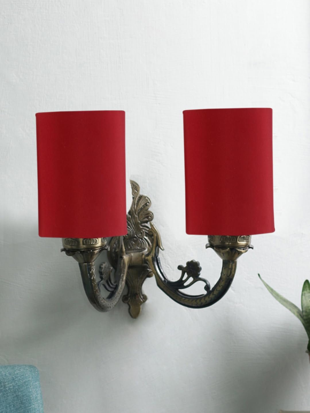 Dual Antique Gold Wall Lamp for Office/Home/Gifting with Cotton Red Shade(7x13x11.5) Inches -168