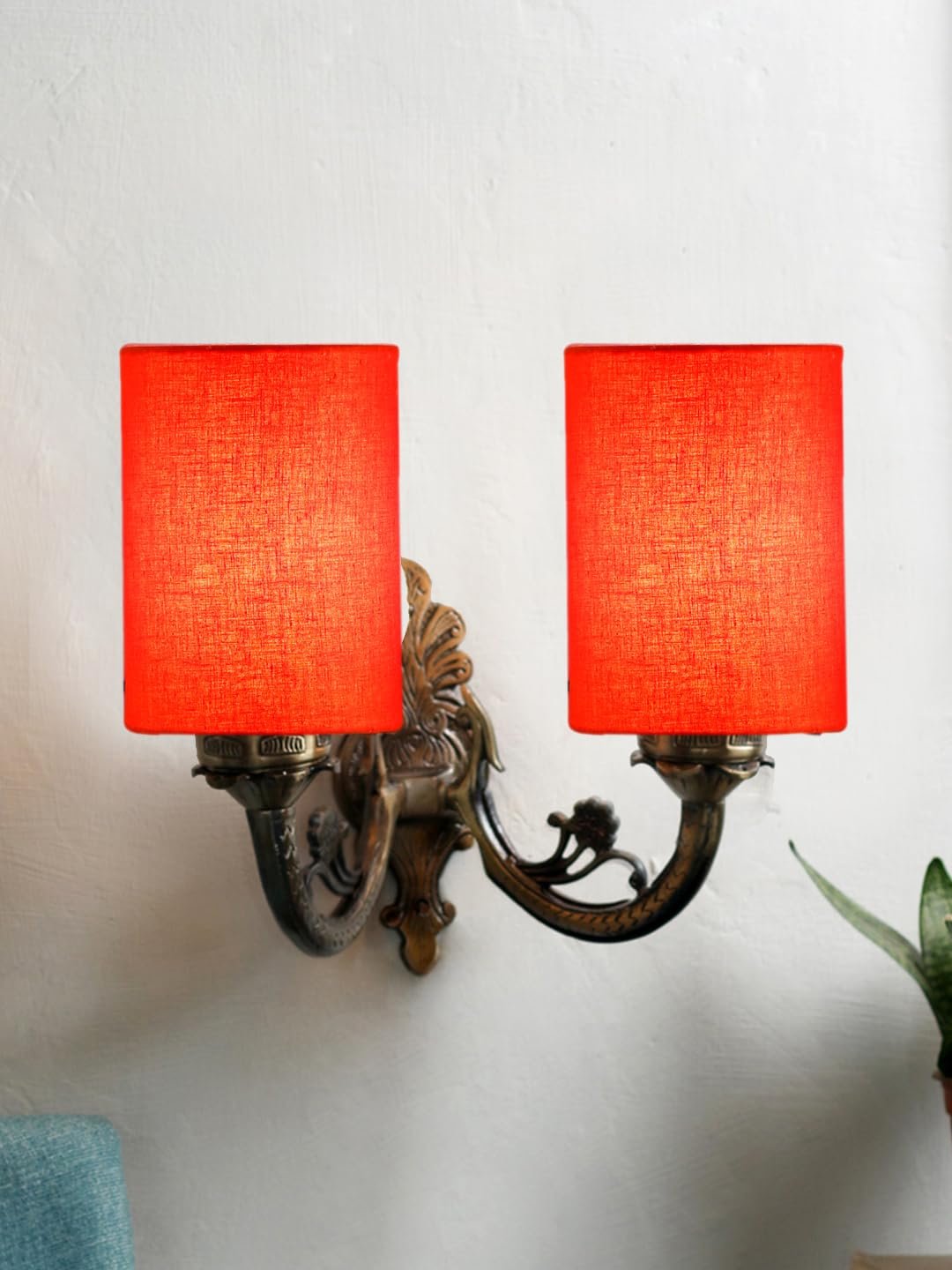 Dual Antique Gold Wall Lamp for Office/Home/Gifting with Cotton Orange Shade(7x13x11.5) Inches -169