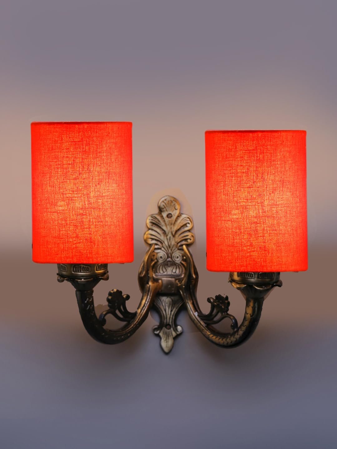 Dual Antique Gold Wall Lamp for Office/Home/Gifting with Cotton Orange Shade(7x13x11.5) Inches -169