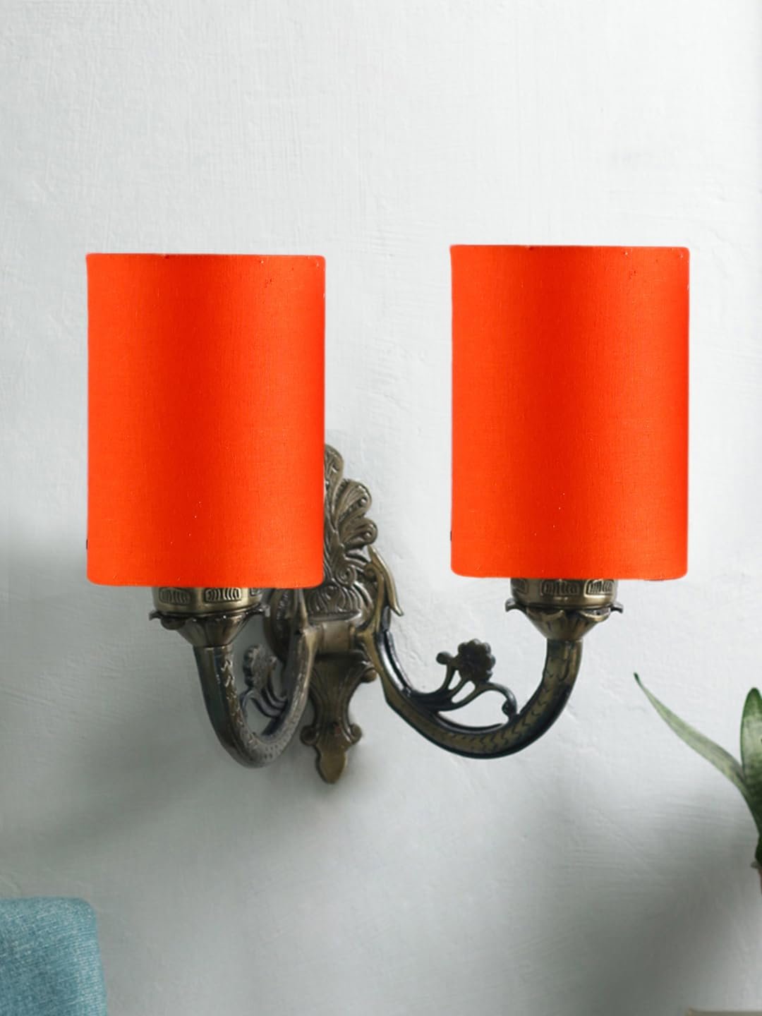 Dual Antique Gold Wall Lamp for Office/Home/Gifting with Cotton Orange Shade(7x13x11.5) Inches -169