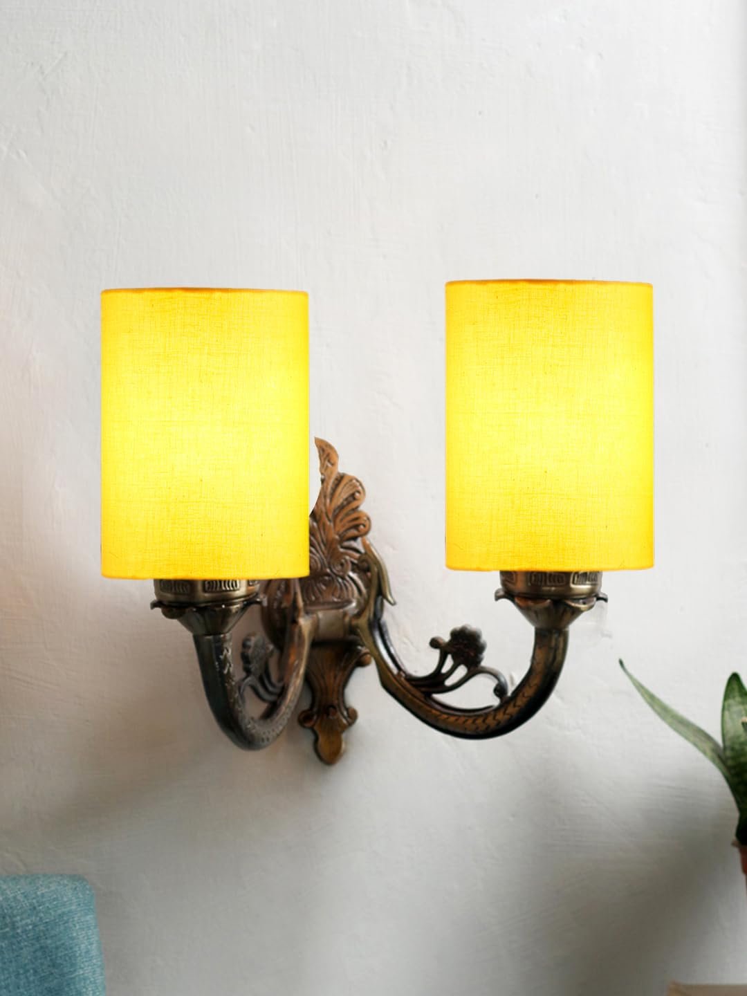 Dual Antique Gold Wall Lamp for Office/Home/Gifting with Cotton Yellow Shade(7x13x11.5) Inches -170