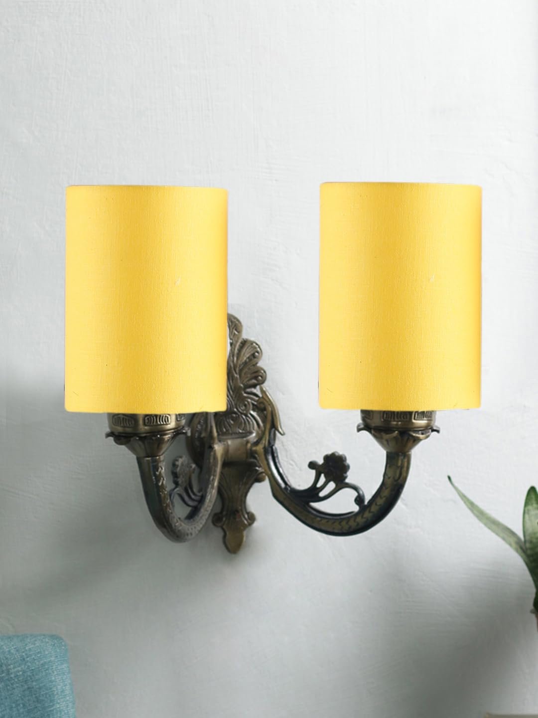 Dual Antique Gold Wall Lamp for Office/Home/Gifting with Cotton Yellow Shade(7x13x11.5) Inches -170