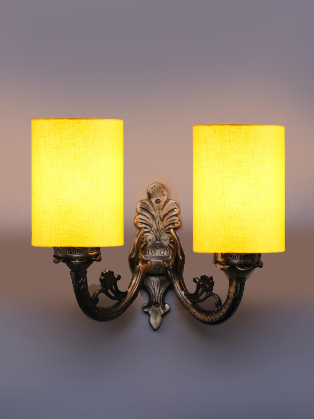 Dual Antique Gold Wall Lamp for Office/Home/Gifting with Cotton Yellow Shade(7x13x11.5) Inches -170
