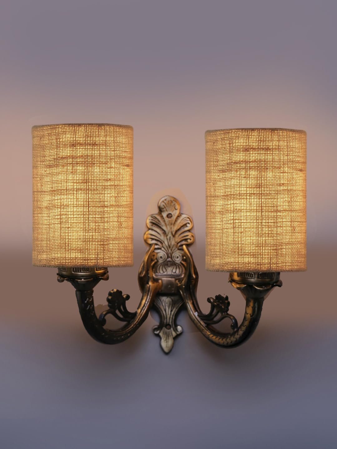 Dual Antique Gold Wall Lamp for Office/Home/Gifting with Jute Beige Shade(7x13x11.5) Inches -173