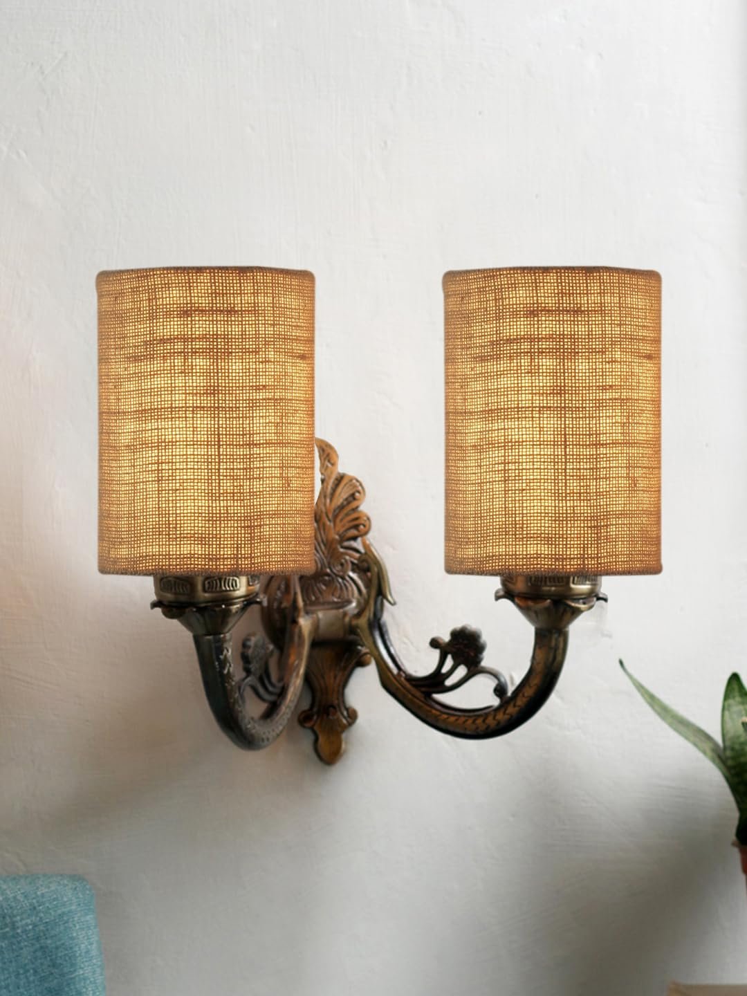 Dual Antique Gold Wall Lamp for Office/Home/Gifting with Jute Beige Shade(7x13x11.5) Inches -173