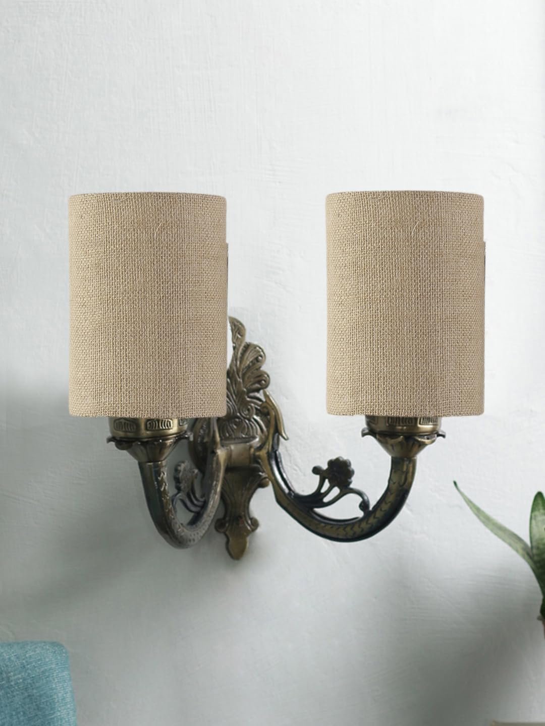 Dual Antique Gold Wall Lamp for Office/Home/Gifting with Jute Beige Shade(7x13x11.5) Inches -173