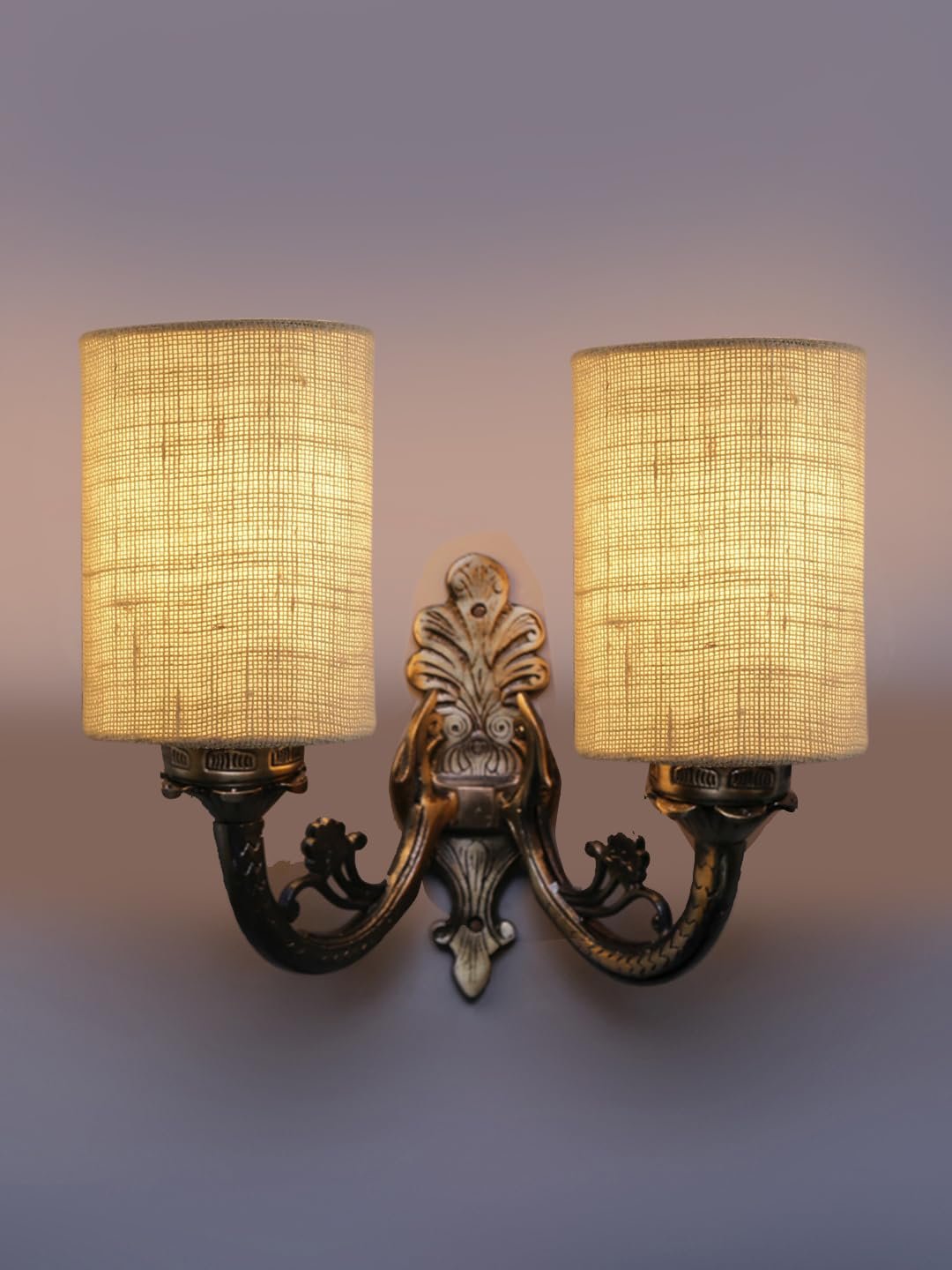 Dual Antique Gold Wall Lamp for Office/Home/Gifting with Jute White Shade(7x13x11.5) Inches -174