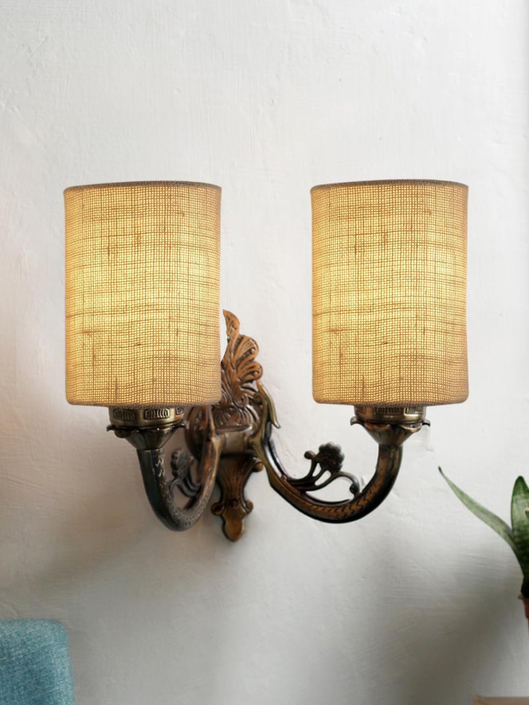 Dual Antique Gold Wall Lamp for Office/Home/Gifting with Jute White Shade(7x13x11.5) Inches -174