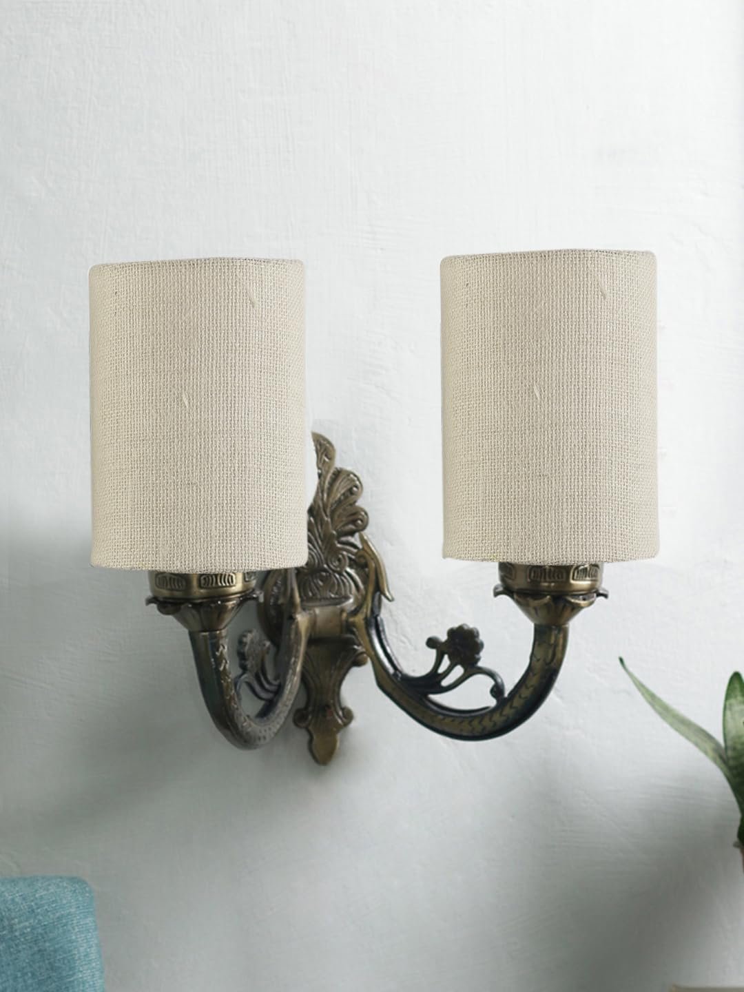 Dual Antique Gold Wall Lamp for Office/Home/Gifting with Jute White Shade(7x13x11.5) Inches -174