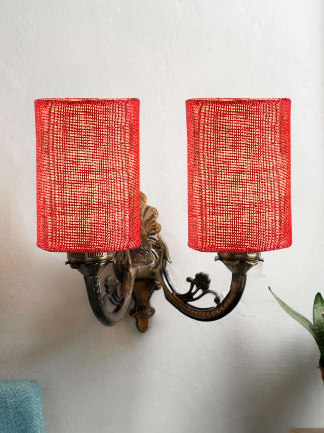 Dual Antique Gold Wall Lamp for Office/Home/Gifting with Jute Pink Shade(7x13x11.5) Inches -175