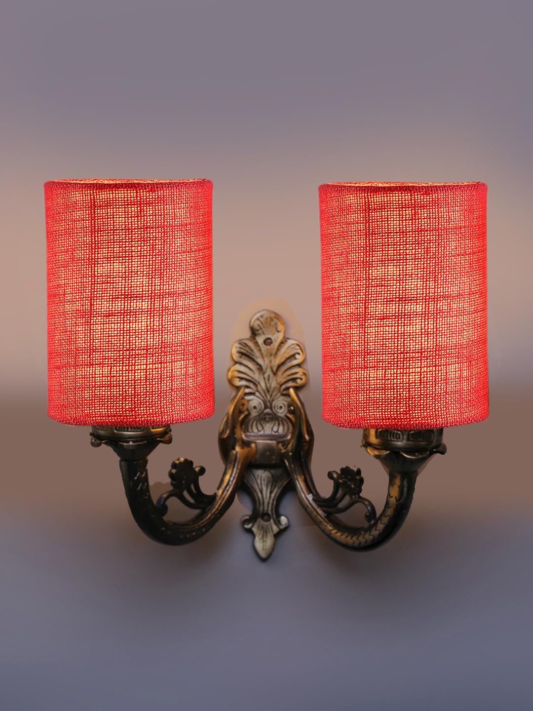 Dual Antique Gold Wall Lamp for Office/Home/Gifting with Jute Pink Shade(7x13x11.5) Inches -175