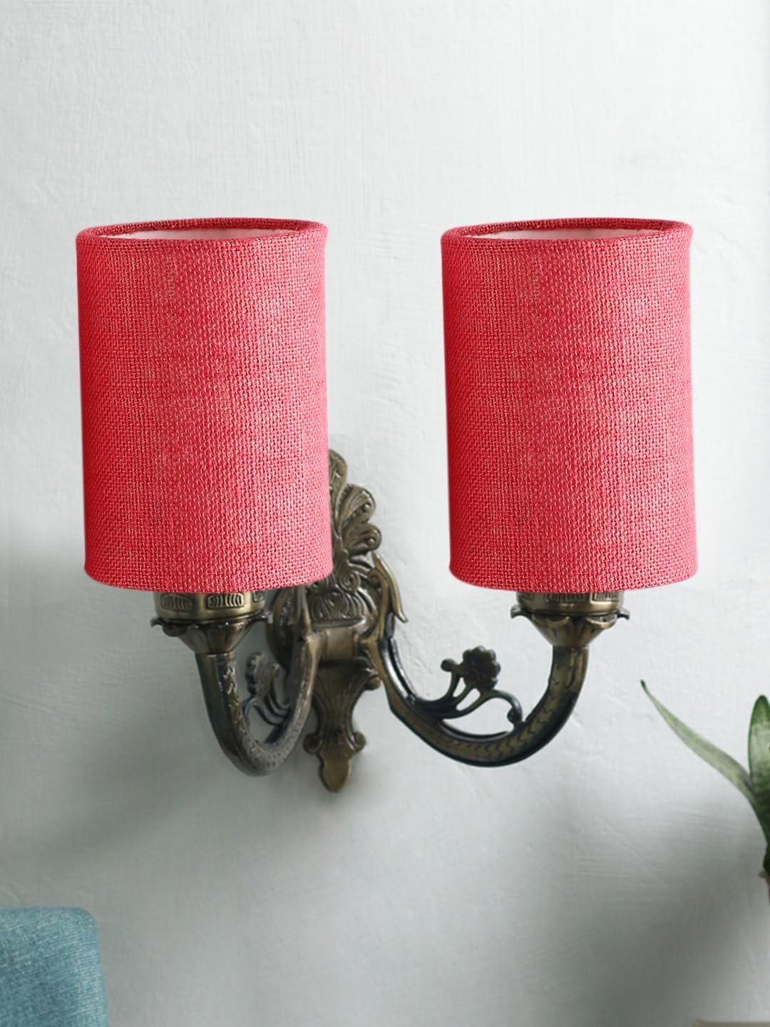 Dual Antique Gold Wall Lamp for Office/Home/Gifting with Jute Pink Shade(7x13x11.5) Inches -175