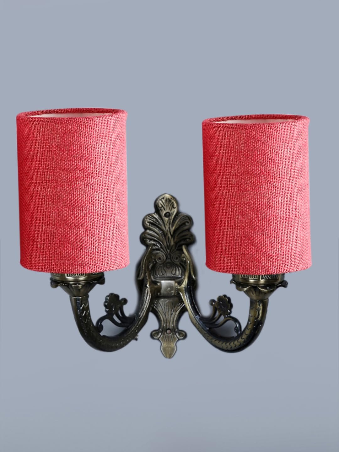 Dual Antique Gold Wall Lamp for Office/Home/Gifting with Jute Pink Shade(7x13x11.5) Inches -175