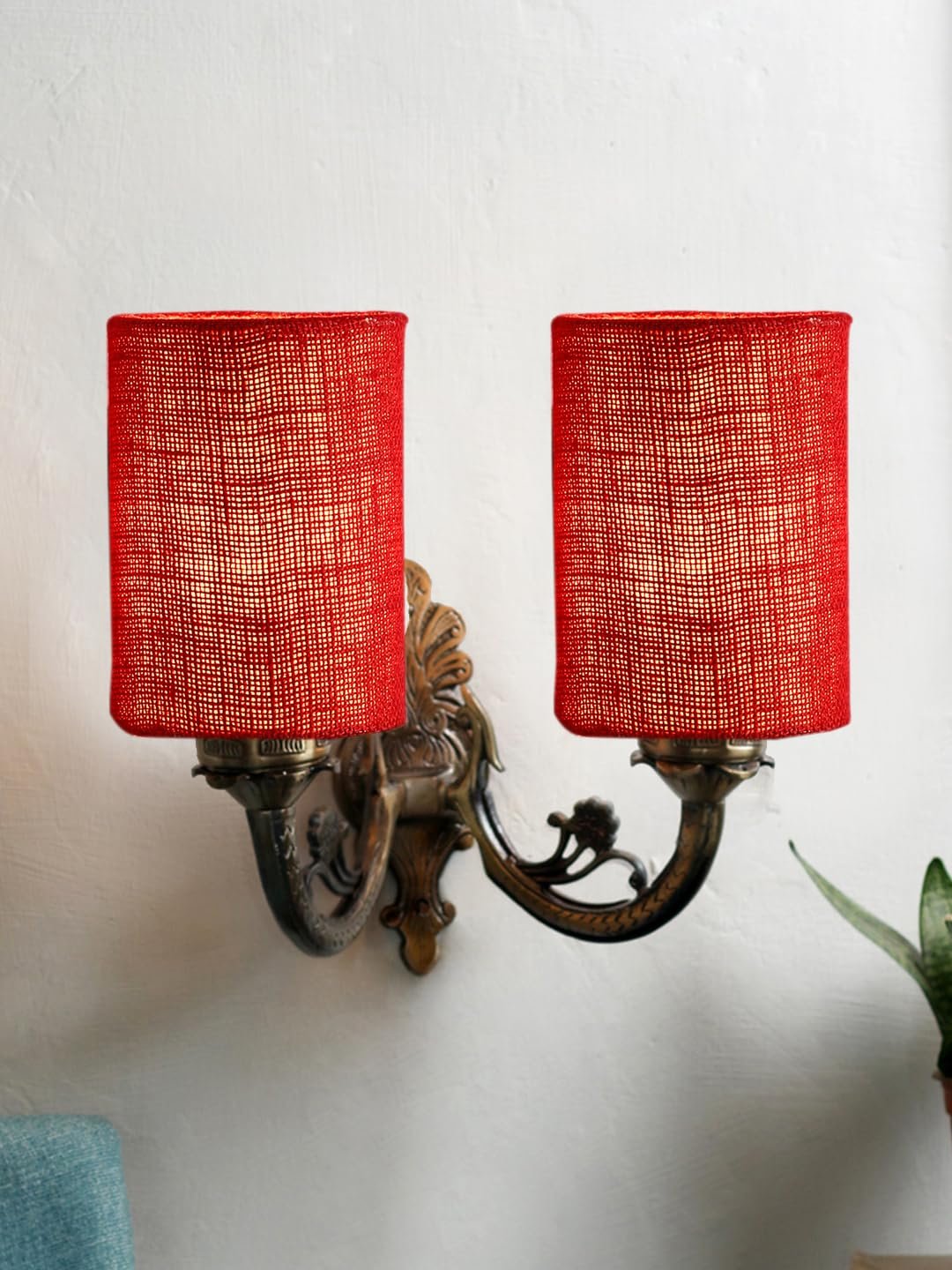 Dual Antique Gold Wall Lamp for Office/Home/Gifting with Jute Maroon Shade(7x13x11.5) Inches -176
