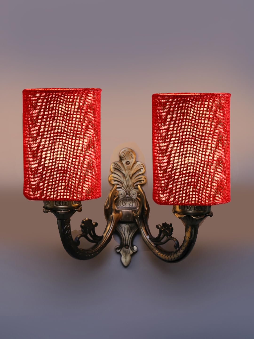 Dual Antique Gold Wall Lamp for Office/Home/Gifting with Jute Maroon Shade(7x13x11.5) Inches -176
