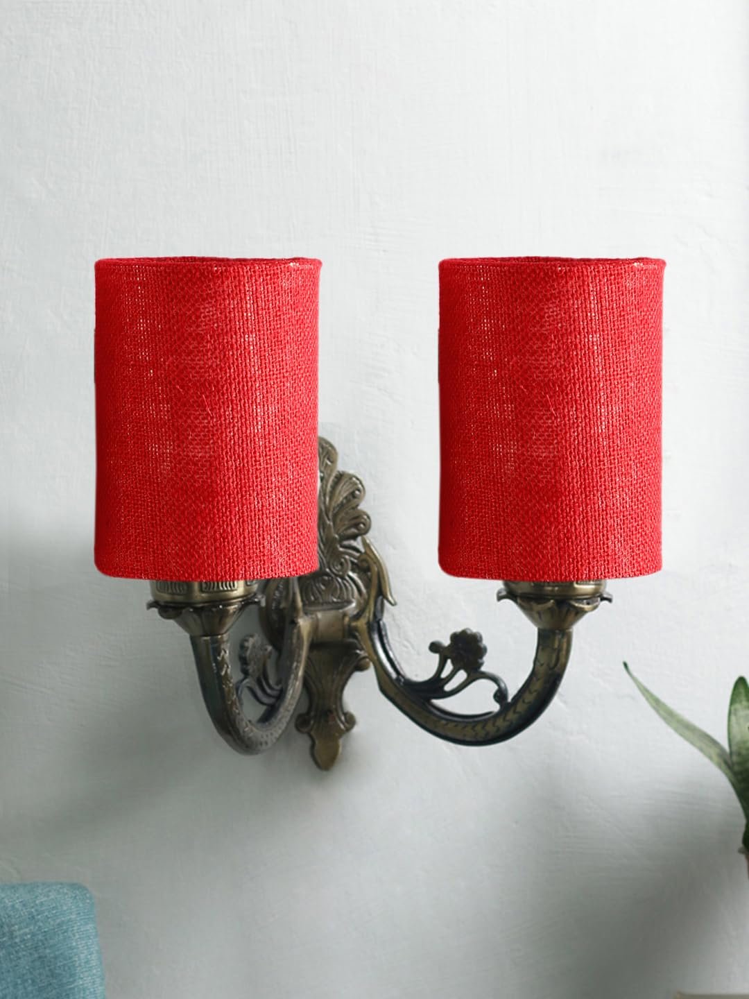 Dual Antique Gold Wall Lamp for Office/Home/Gifting with Jute Maroon Shade(7x13x11.5) Inches -176