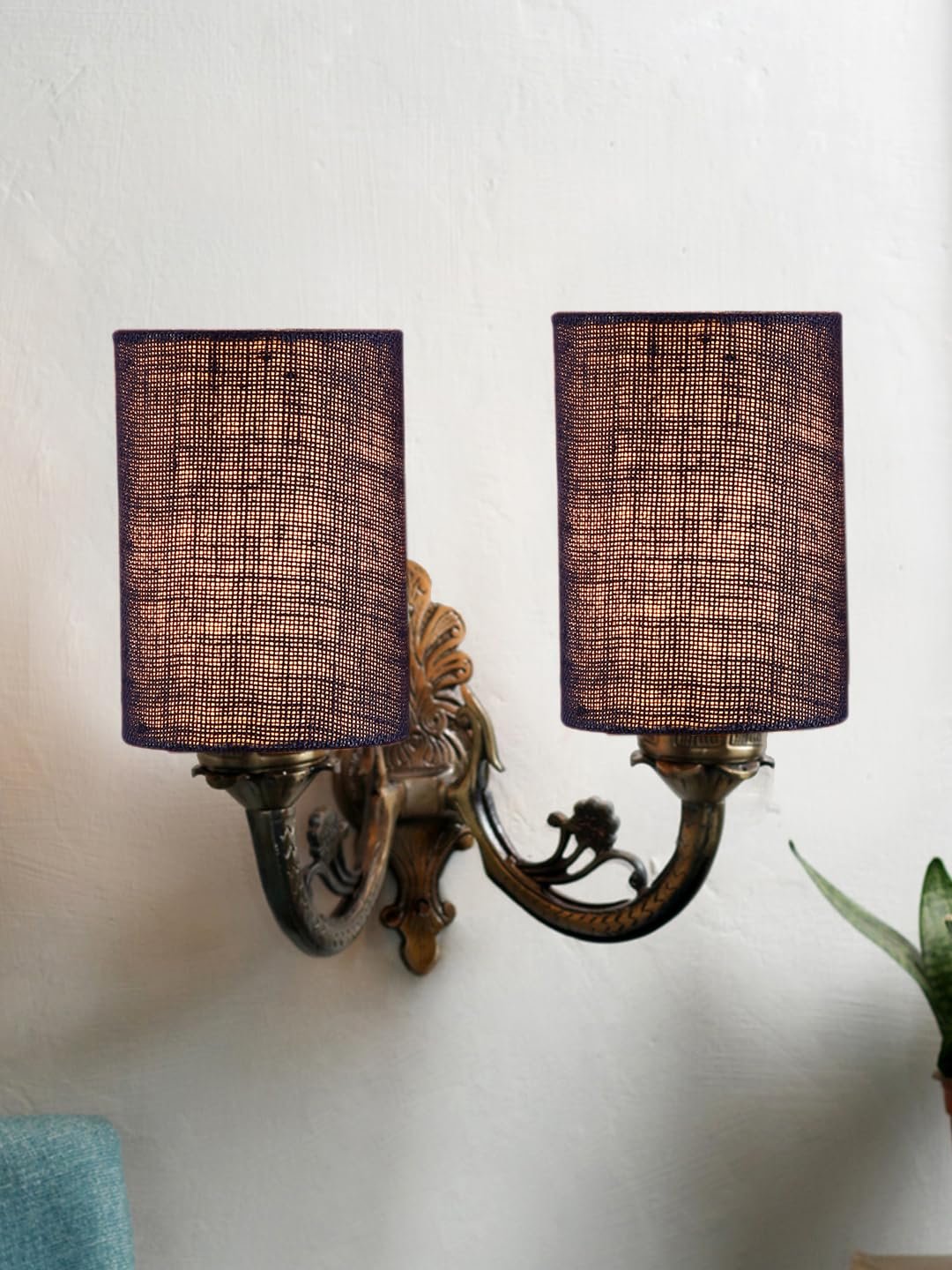Dual Antique Gold Wall Lamp for Office/Home/Gifting with Jute Blue Shade(7x13x11.5) Inches -177