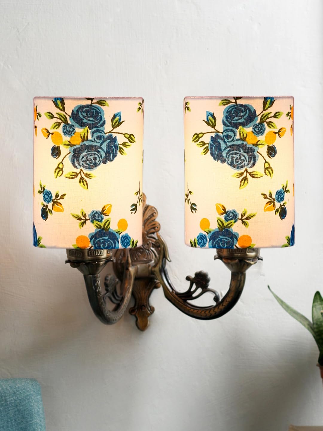 Dual Antique Gold Wall Lamp for Office/Home/Gifting with Cotton Printed Shade(7x13x11.5) Inches -178